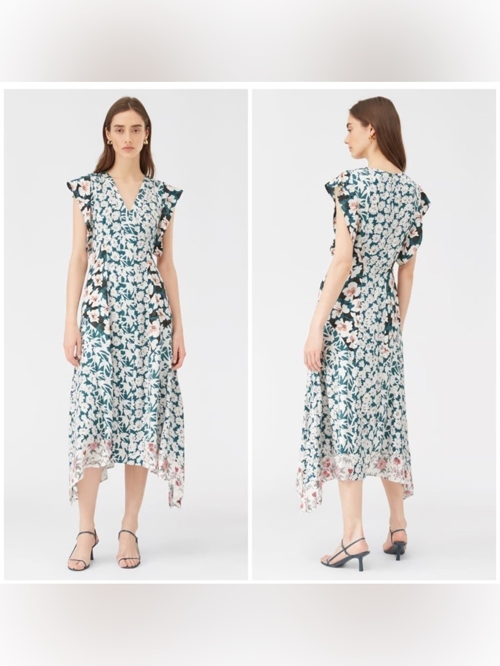 Rebecca Taylor Serene Dress Patchwork Floral Silk Blend Sharkbite V-neck Maxi